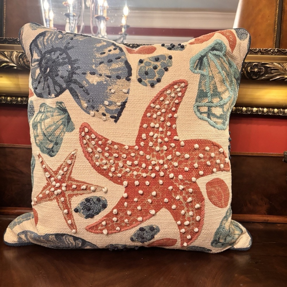 EnVogue Coastal Collection Starfish Seashell Throw Pillow 19x19 Beach Nautical